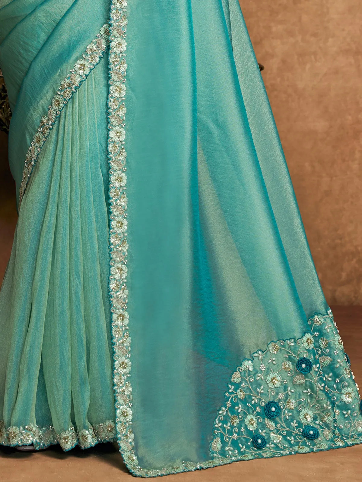 Tarani teal Zari Organza Satin saree with sequin pearl stone embroidery pallu view Archaya