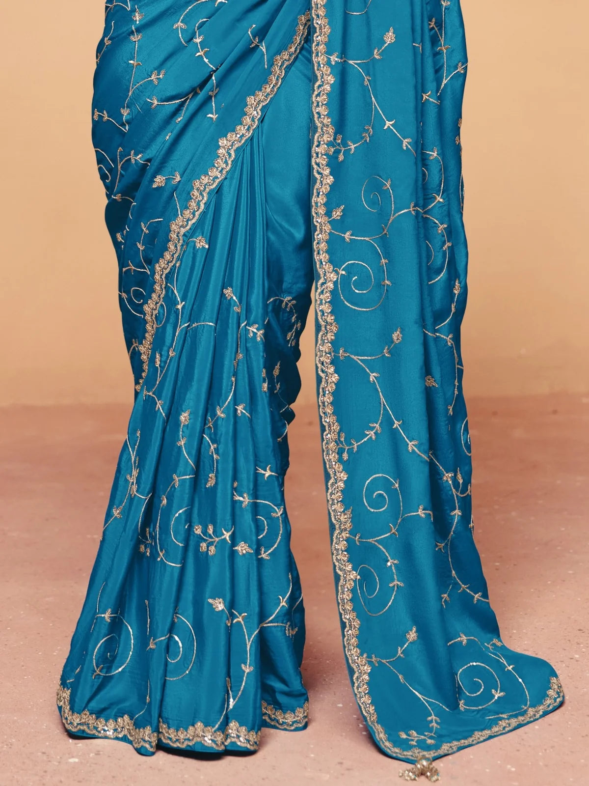 Tarani blue organza satin saree pallu view with detailed sequince embroidery border