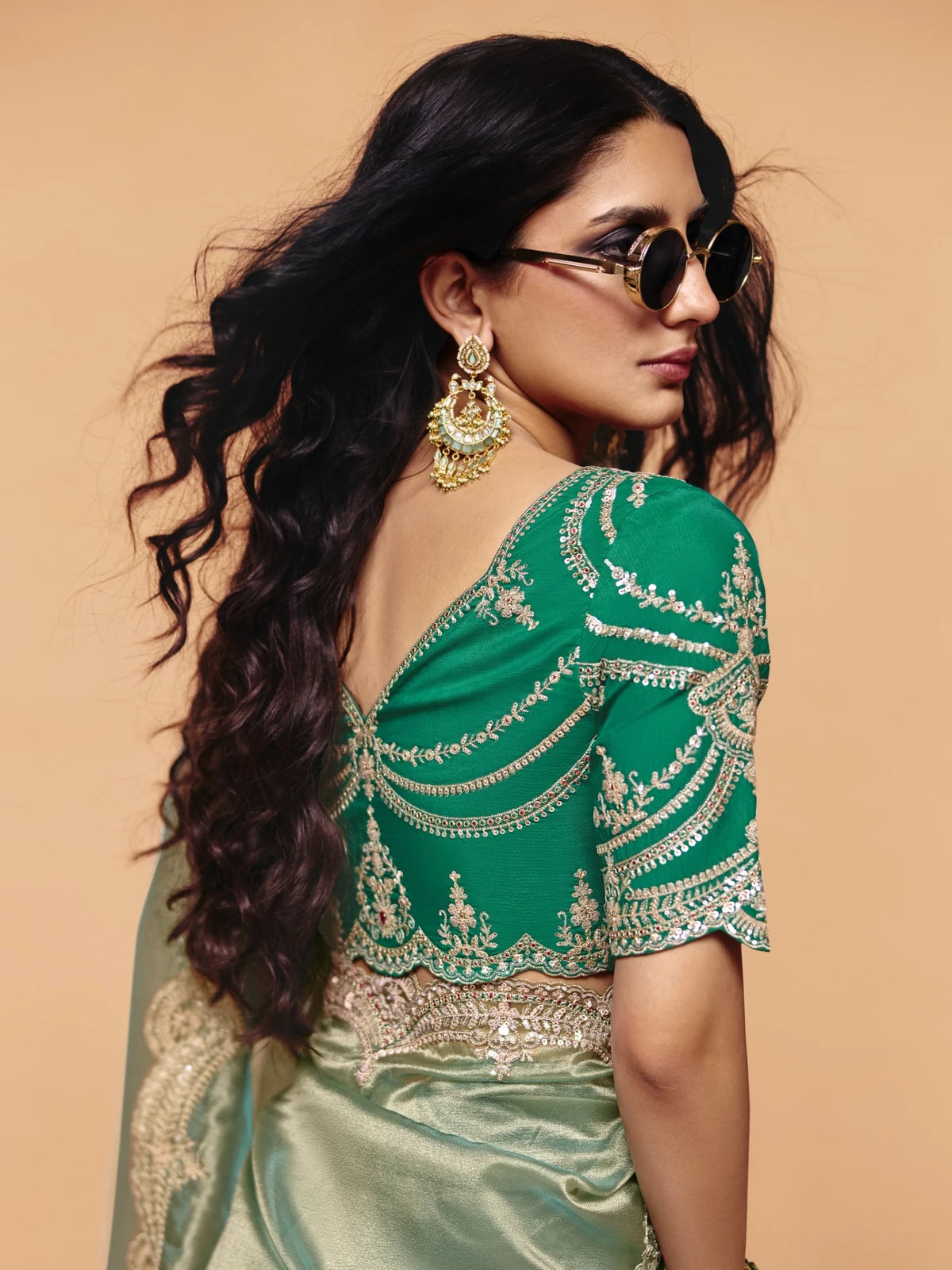 Tarani green embroidered blouse view with organza satin saree and sequin detailing