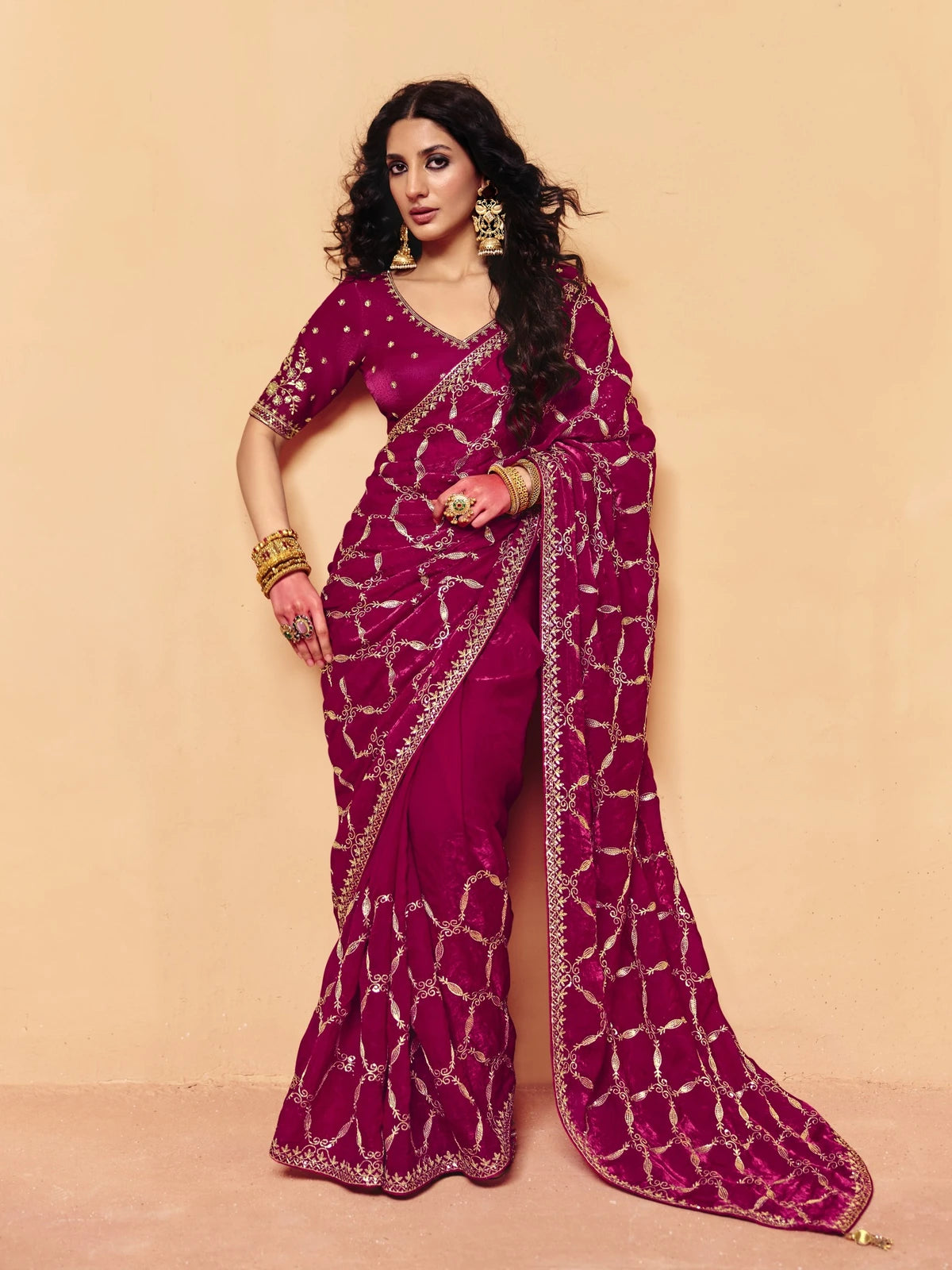 Tarani magenta organza satin saree with heavy sequence embroidery full view for festive party wear