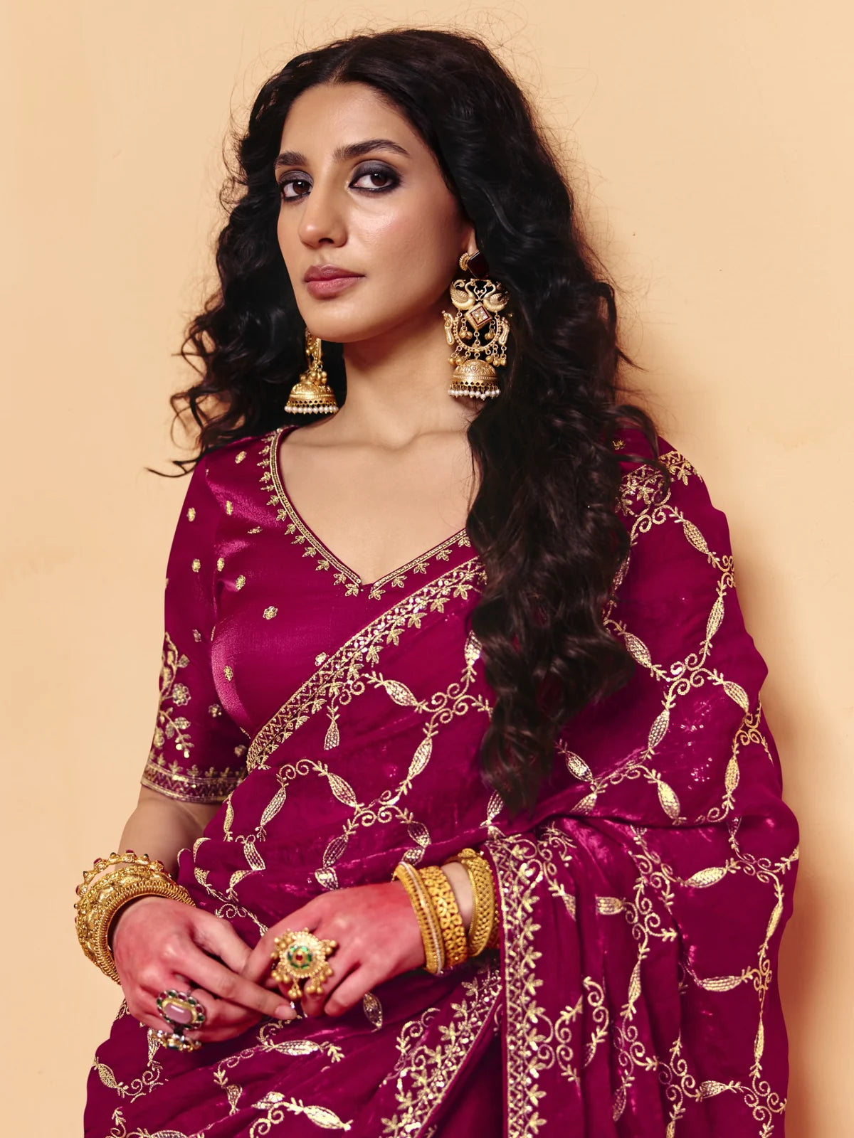 Tarani magenta organza satin saree upper body view with embroidered blouse and designer detailing