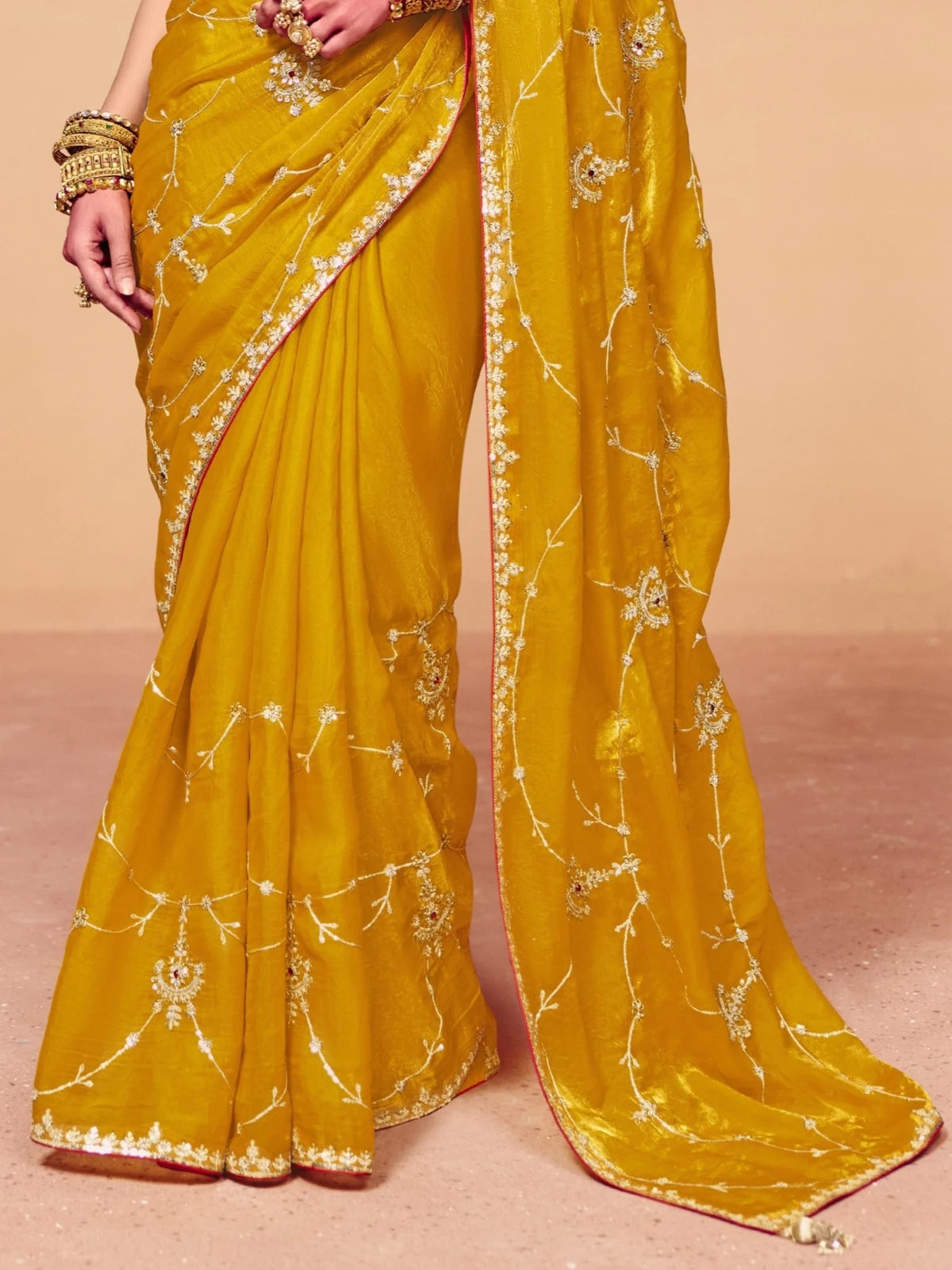 Tarani mustard organza satin saree pallu and embroidery closeup for party and festive styling