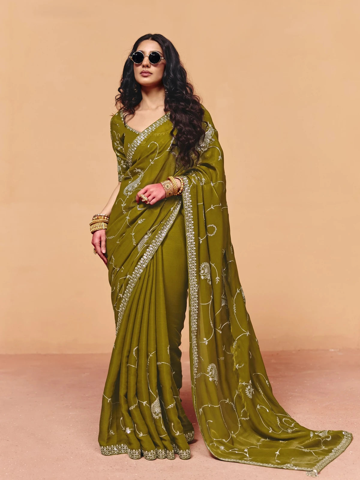 Tarani olive green organza satin saree with sequin embroidery full view for festive party wear