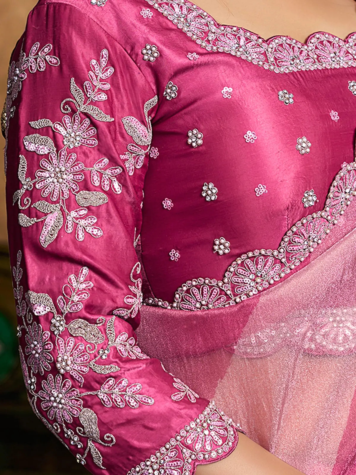 Tarani Jagruti satin silk blouse closeup with floral embroidery pearls stones and sequins
