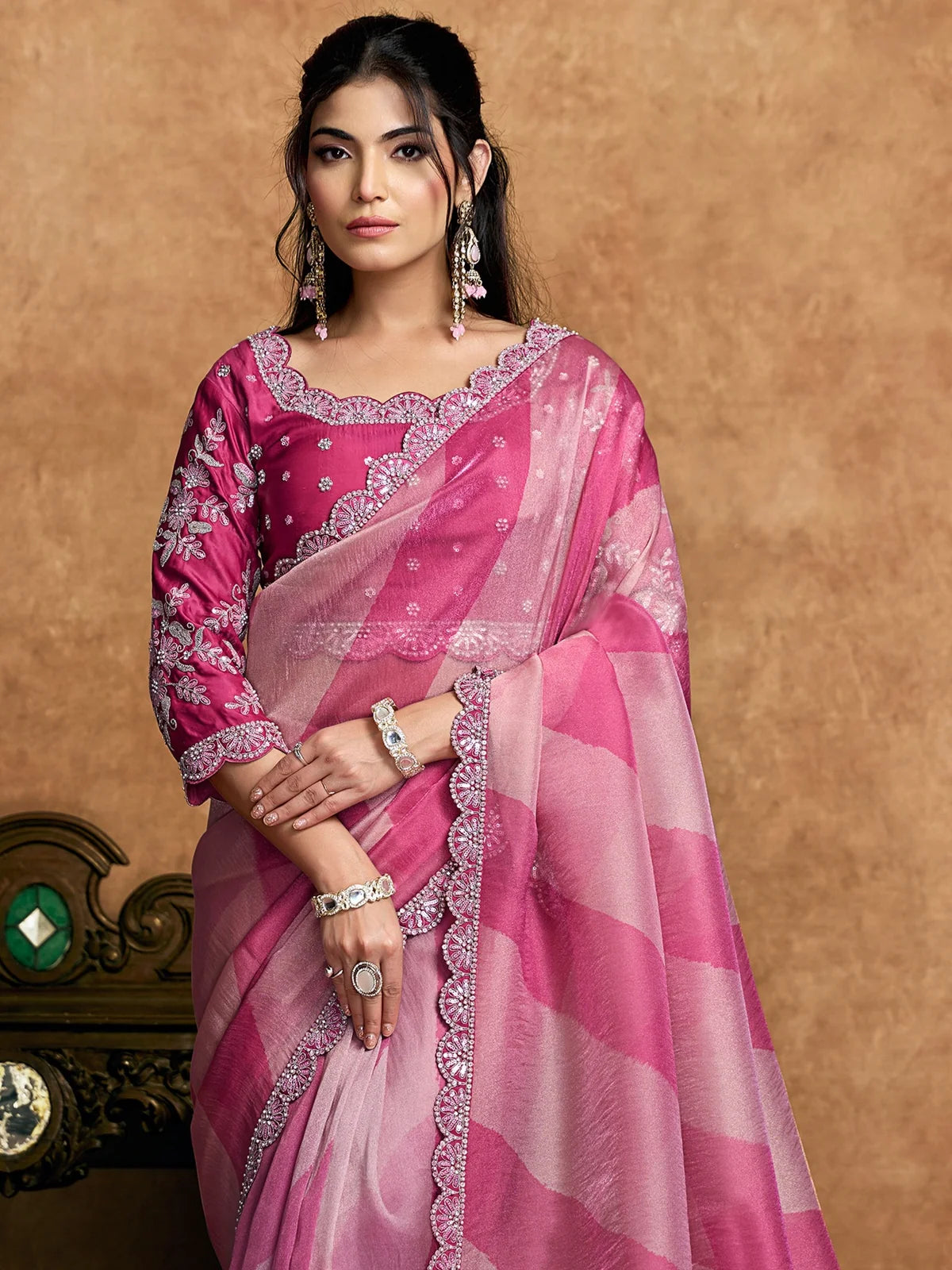 Tarani Jagruti pink Organza Satin saree front view with designer embroidered blouse