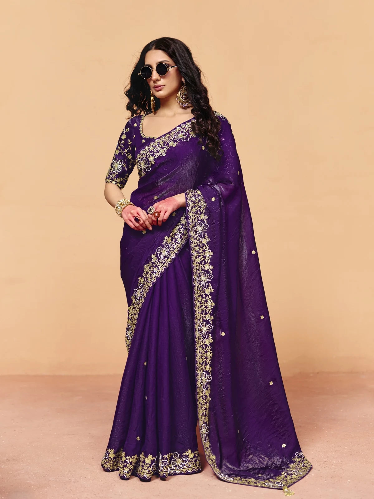 Tarani purple organza satin saree with heavy sequin embroidery full view for party and festive wear
