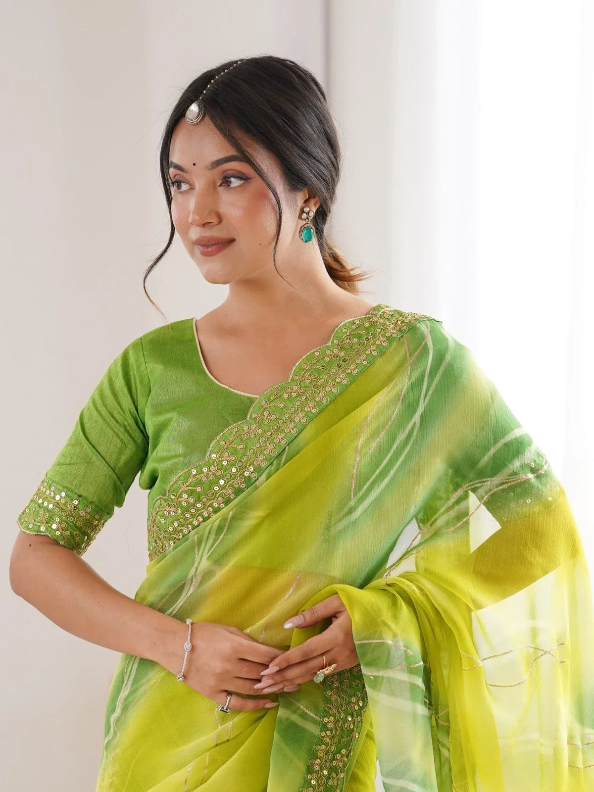 Tarani green saree upper body view with embroidered blouse detailing