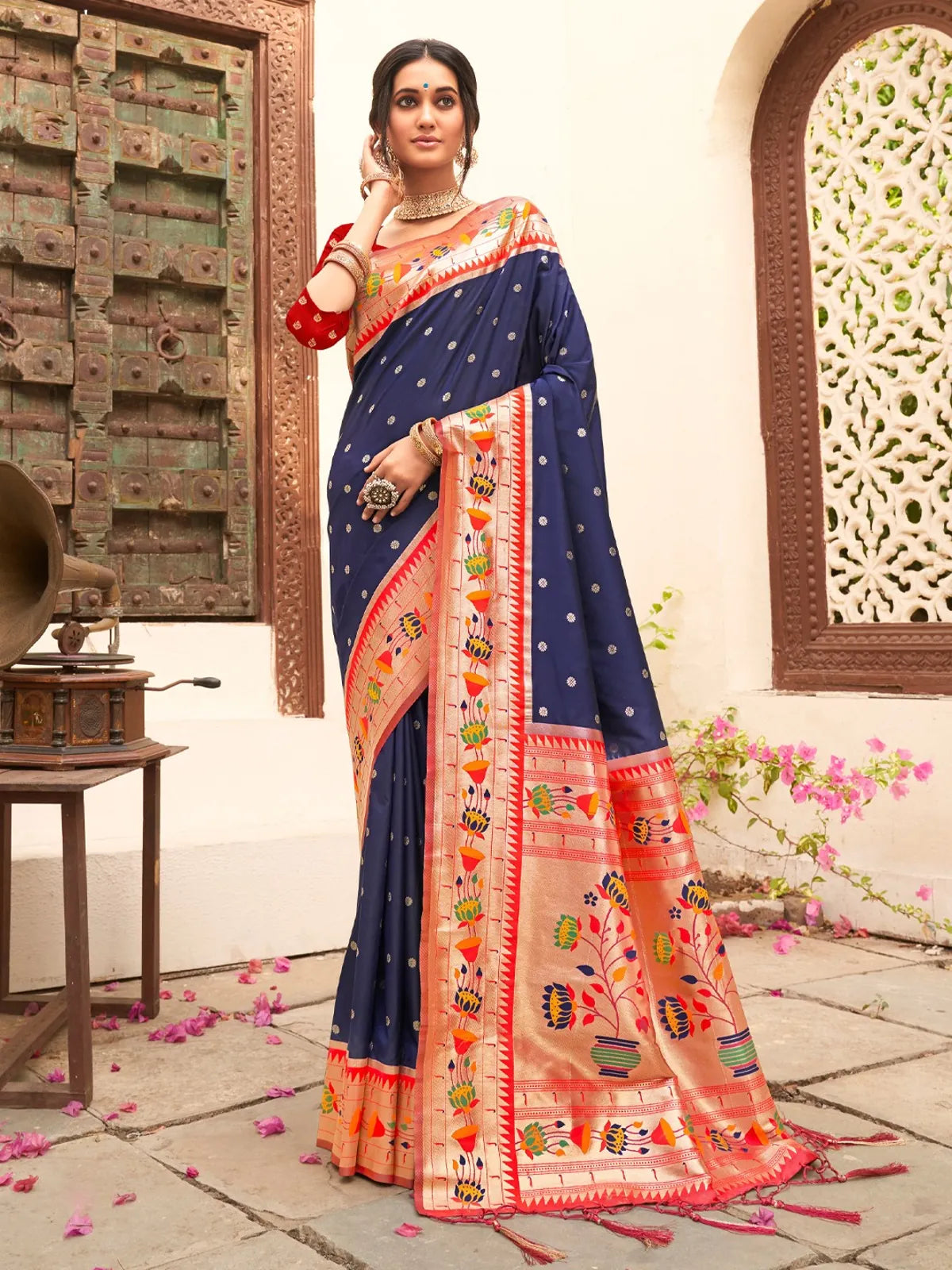 Tarani navy blue Paithani silk saree with zari weaving border full view for party and festive wear
