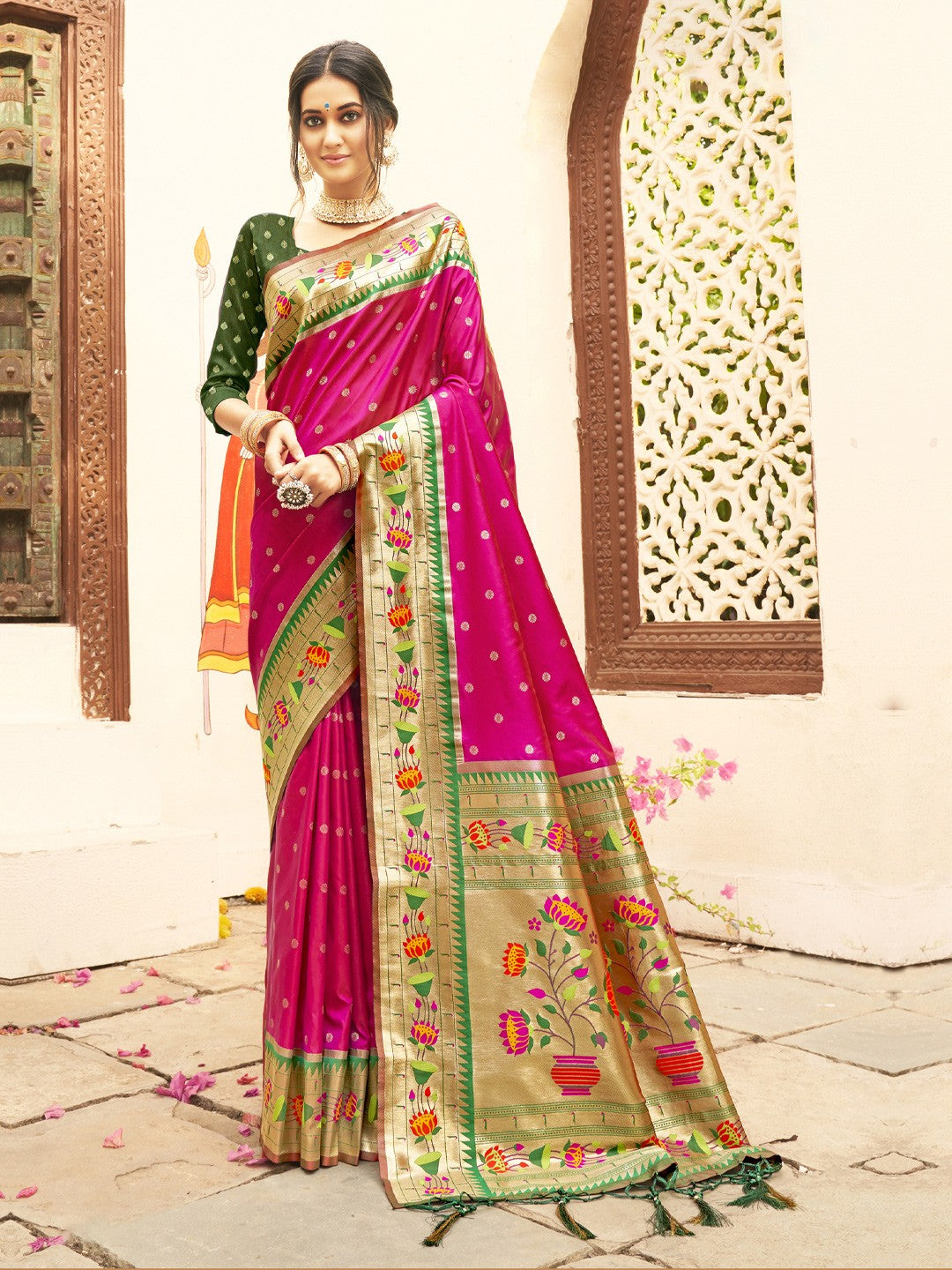 Tarani premium pink paithani silk saree full view with zari weaving and contrast border