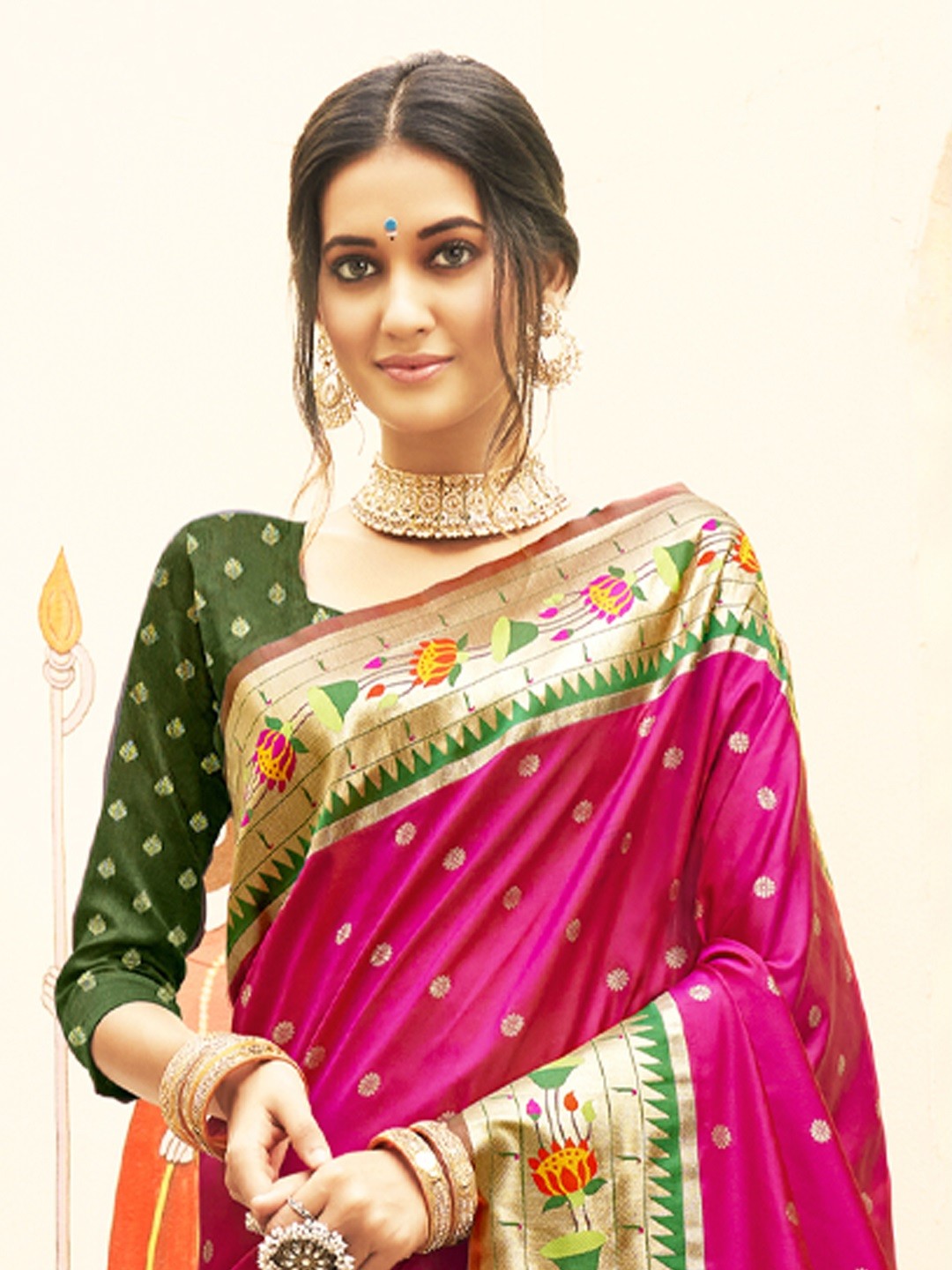 Tarani pink paithani silk saree upper body view with elegant blouse and zari border