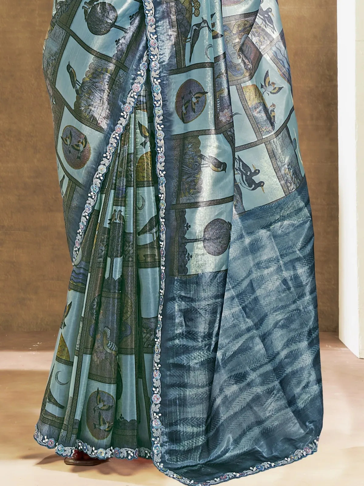 Tarani blue paper silk saree pallu view with digital traditional motifs embroidery border Pakhi