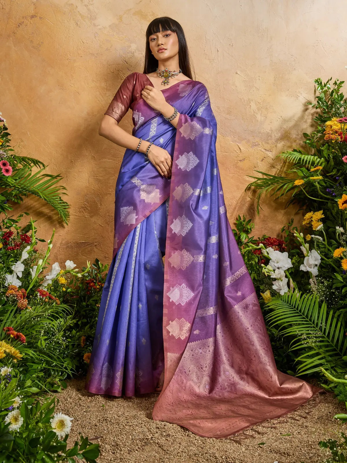 Tarani party wear blue purple paper silk saree with soft drape and woven details in full view