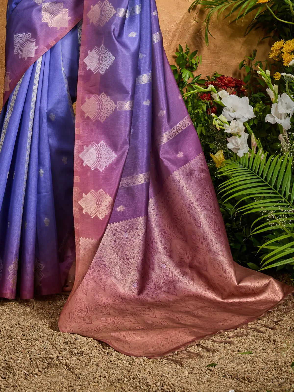 Tarani elegant pallu and border in purple copper tone paper silk saree with delicate motifs