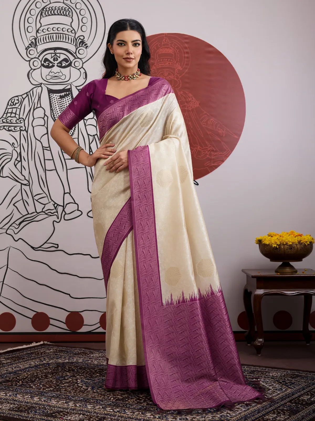 Tarani cream paper silk saree with plum border full front view for casual and festive occasions
