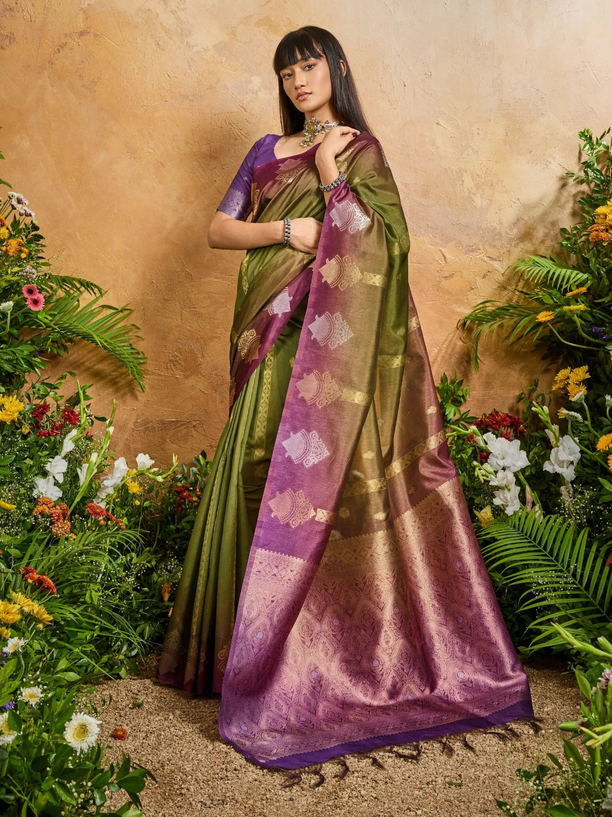 Tarani green handloom paper silk saree with purple border and pallu full view