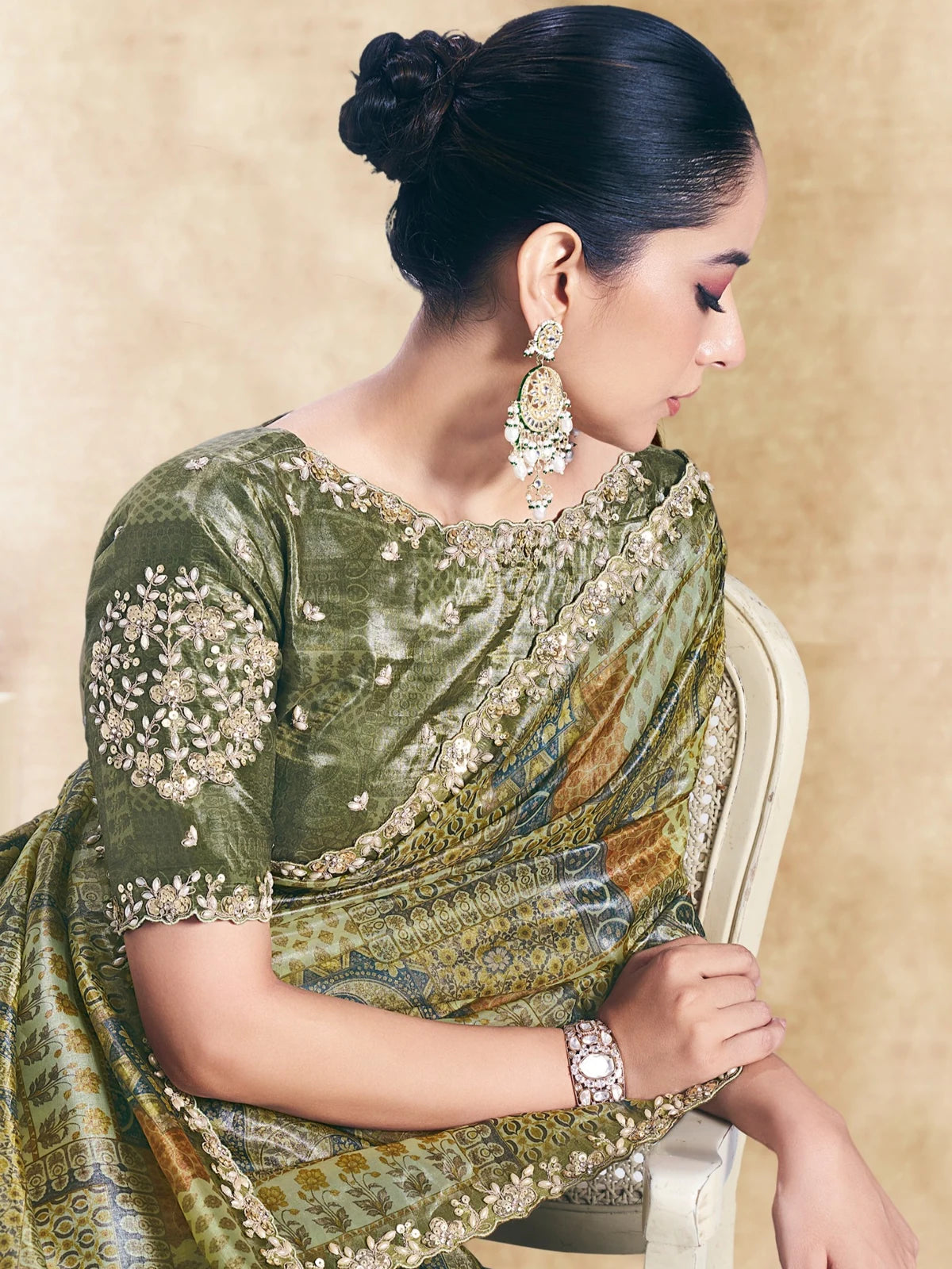 Tarani Yogita green paper silk saree embroidered blouse upper body view
