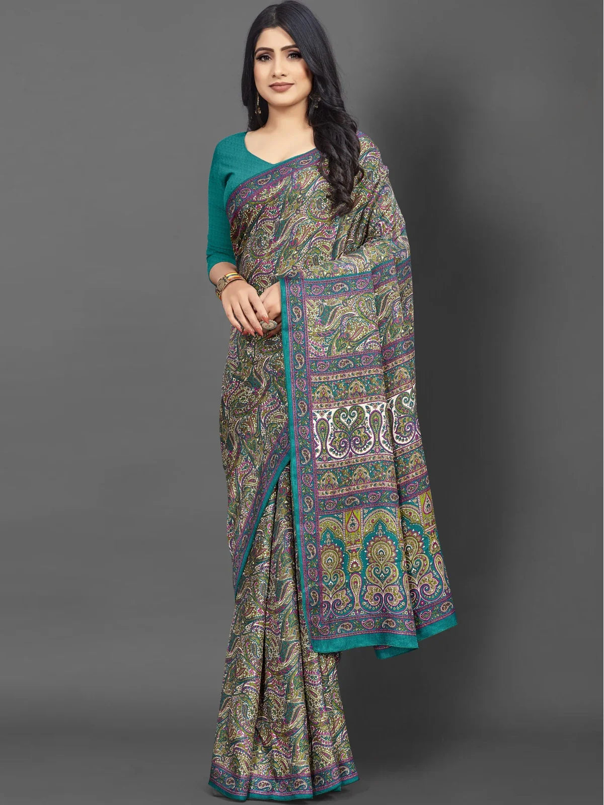 Tarani premium teal green Pashmina silk saree with intricate paisley weaving and elegant pallu design