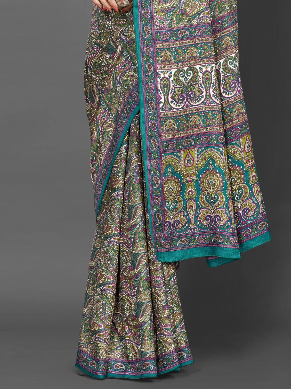 Tarani teal green Pashmina silk saree with rich woven pallu and intricate paisley design