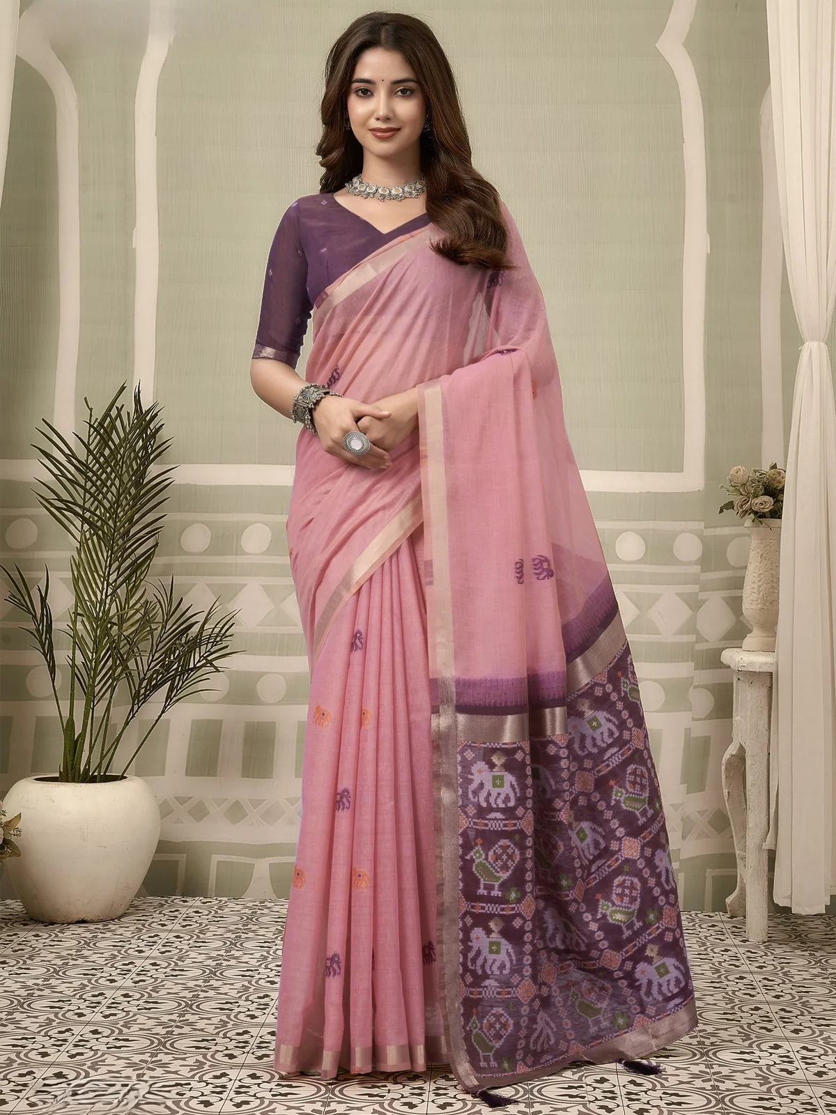 Tarani pink Patola saree with woven zari border full view for casual and summer wear