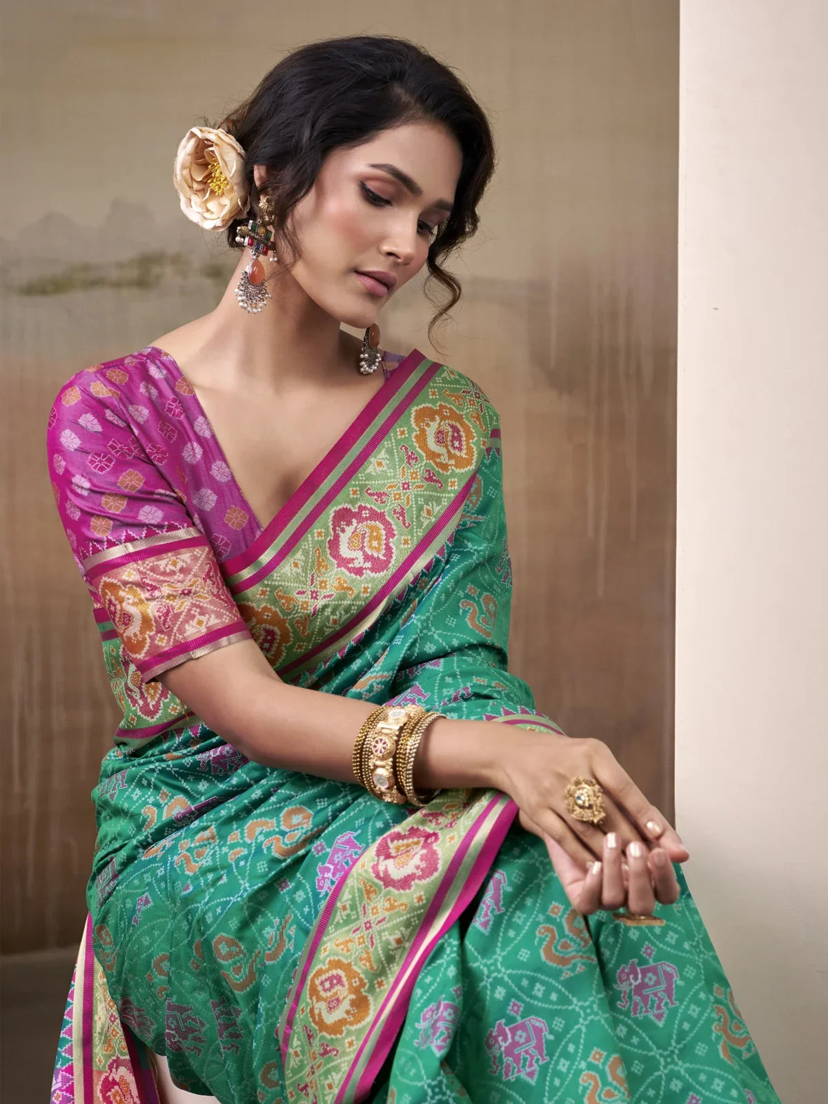 Tarani elegant green Patola silk saree upper body view with dual tone woven blouse and traditional jewelry