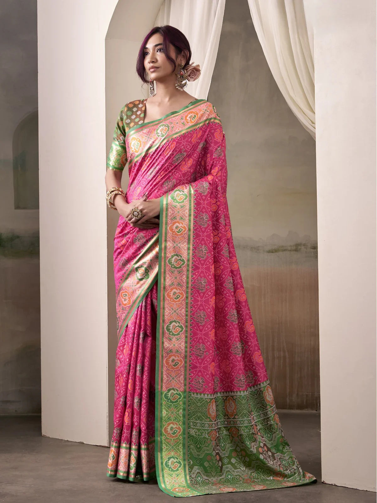 Tarani pink patola silk saree with woven dual tone blouse full view festive and bridal wear