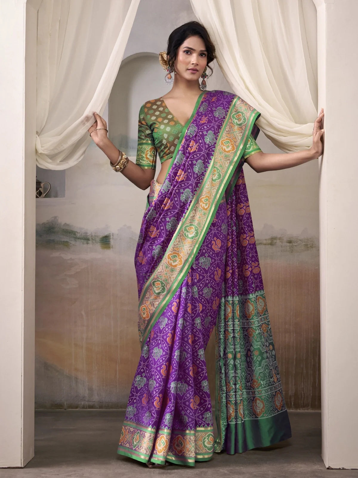 Tarani purple Patola silk saree full view with dual tone woven blouse perfect for festive and bridal wear
