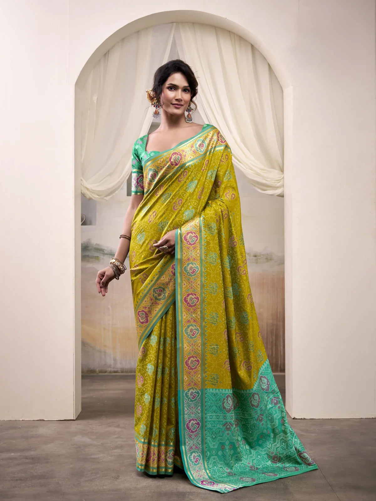 Tarani yellow patola silk saree full view with dual tone woven blouse festive bridal look