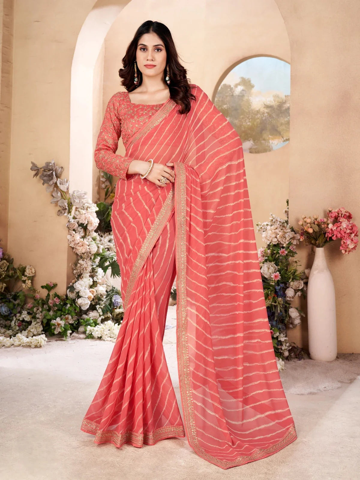 Tarani coral leheriya poly georgette saree with embroidered blouse full view