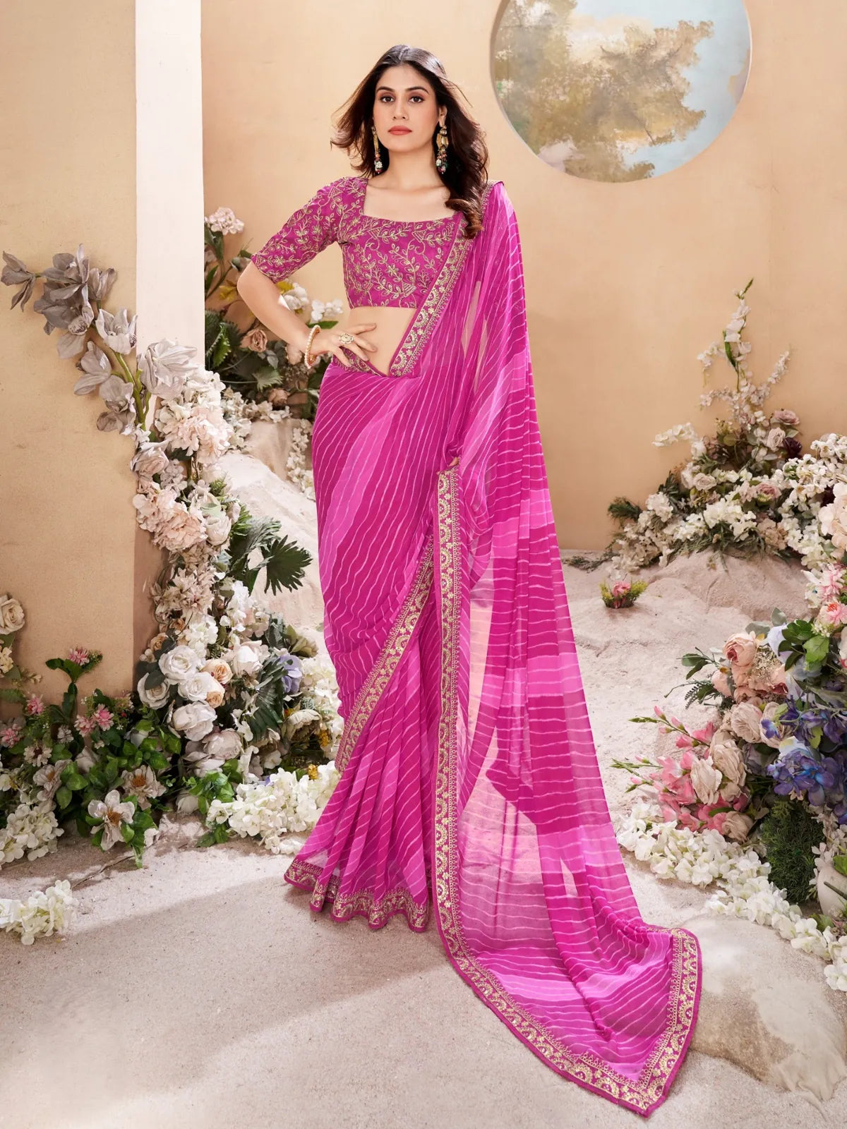 Tarani pink leheriya poly georgette saree full view with embroidered blouse