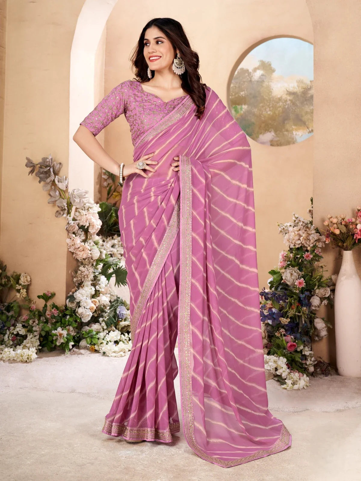 Tarani premium pink poly georgette saree full view for festive and party wear