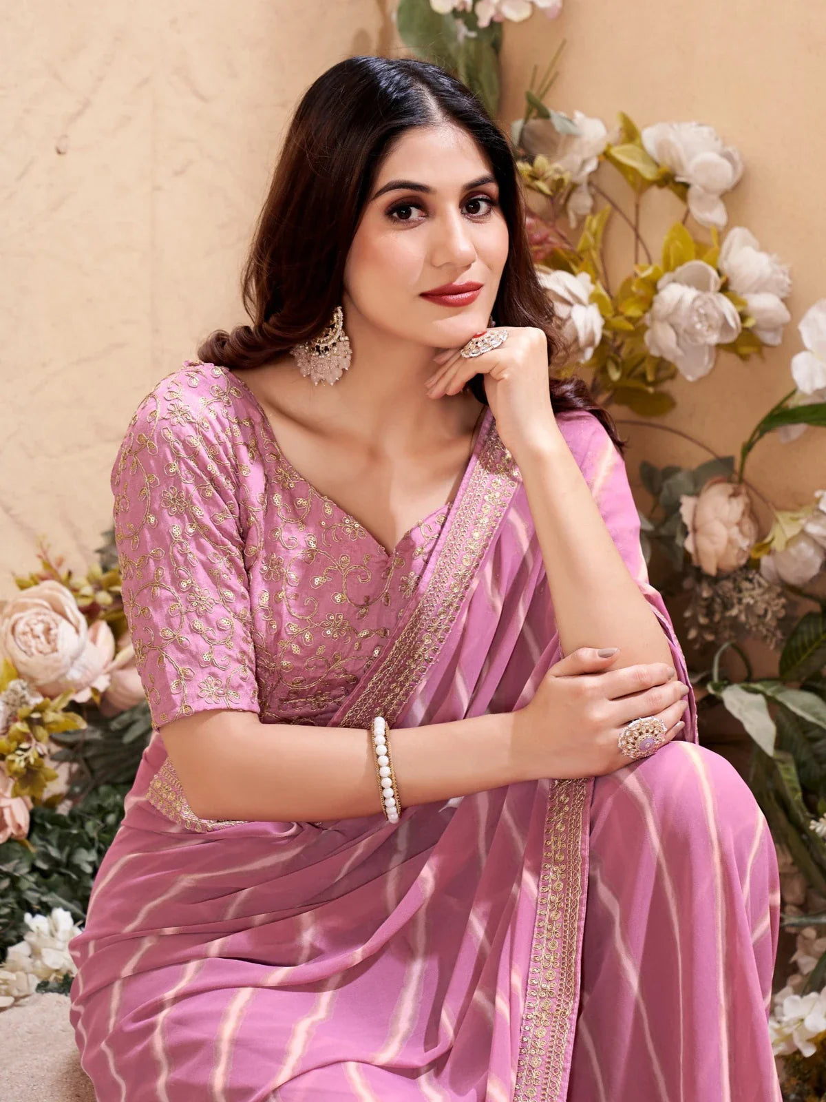 Tarani pink georgette saree with silk blend blouse upper body view