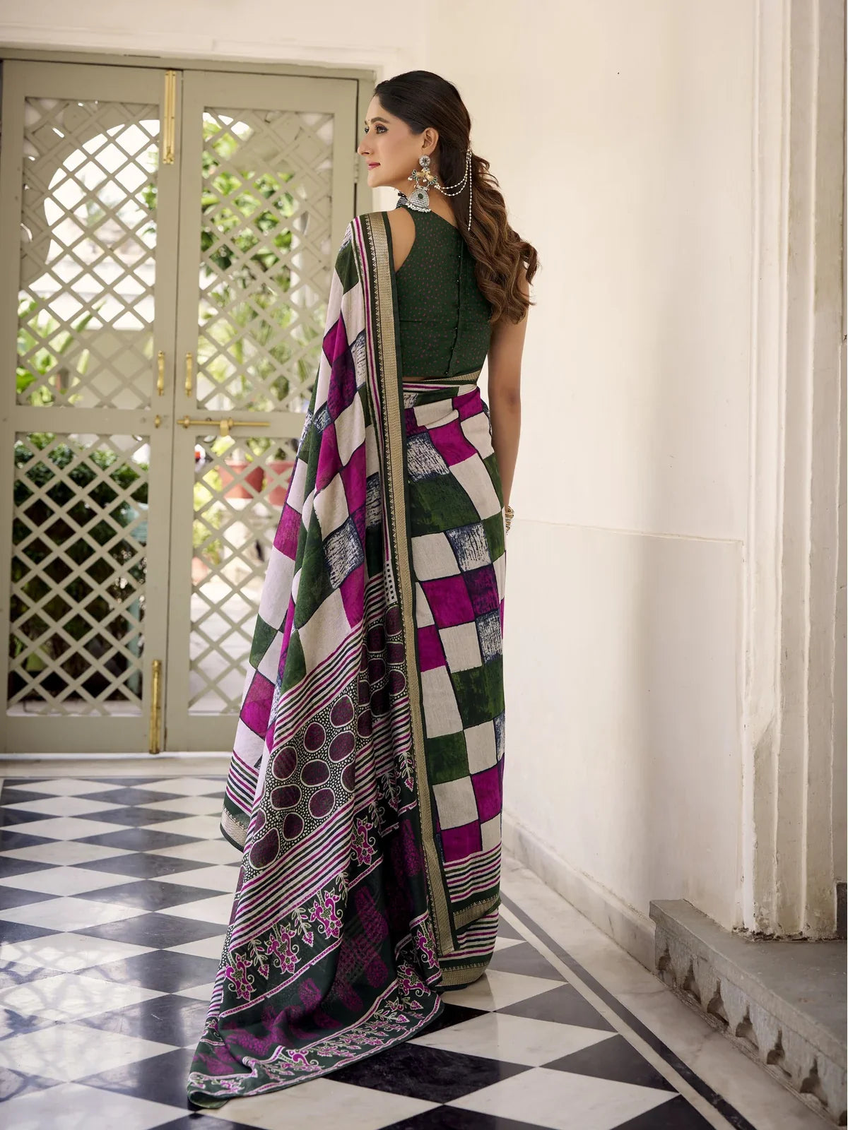 Tarani saumyavitika Green Chanderi saree drape detail view for festive party and wedding wear