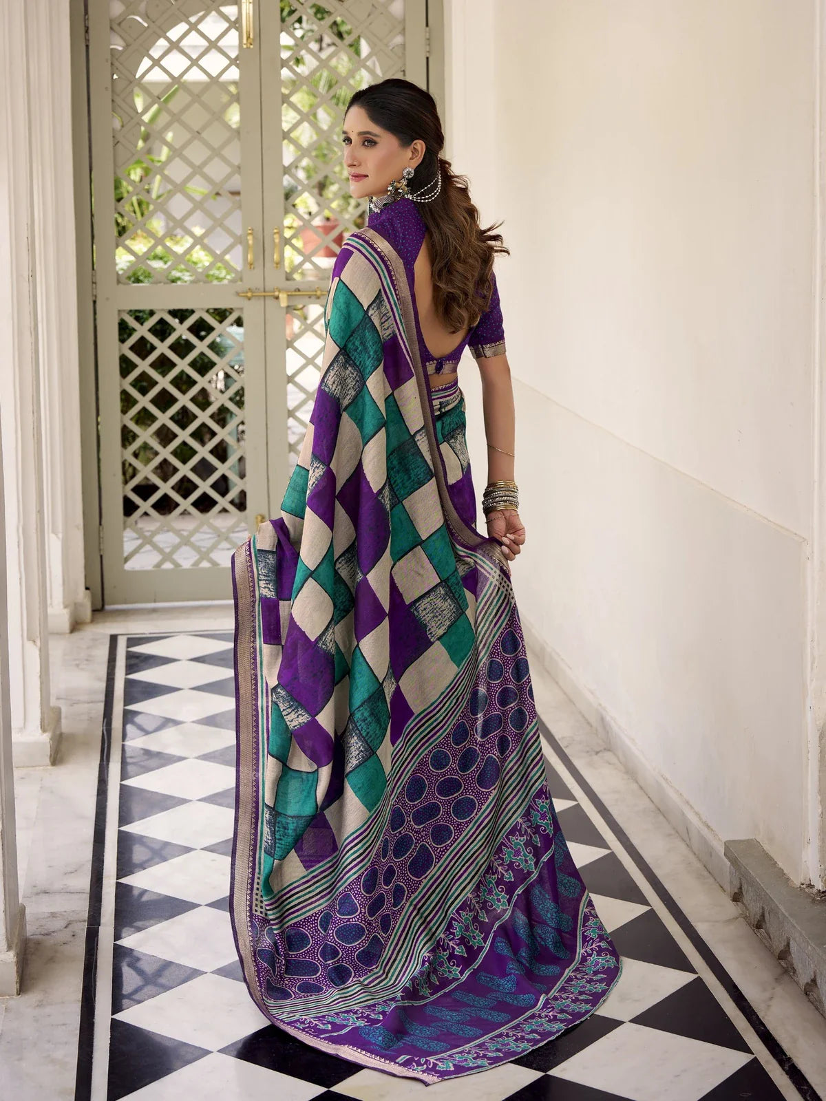 Tarani smitikavati Purple Chanderi saree drape detail view for festive party and wedding wear