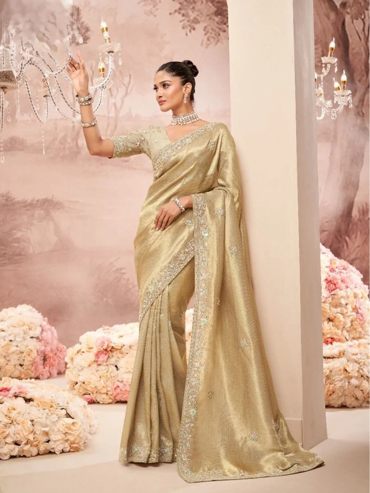 Tarani premium golden designer saree full view with embroidery and elegant styling