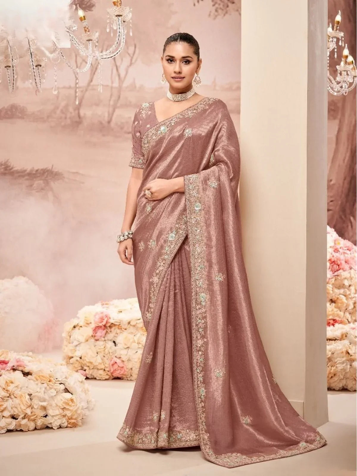 Tarani premium mauve saree with shimmer handwork and designer embroidered blouse front full view