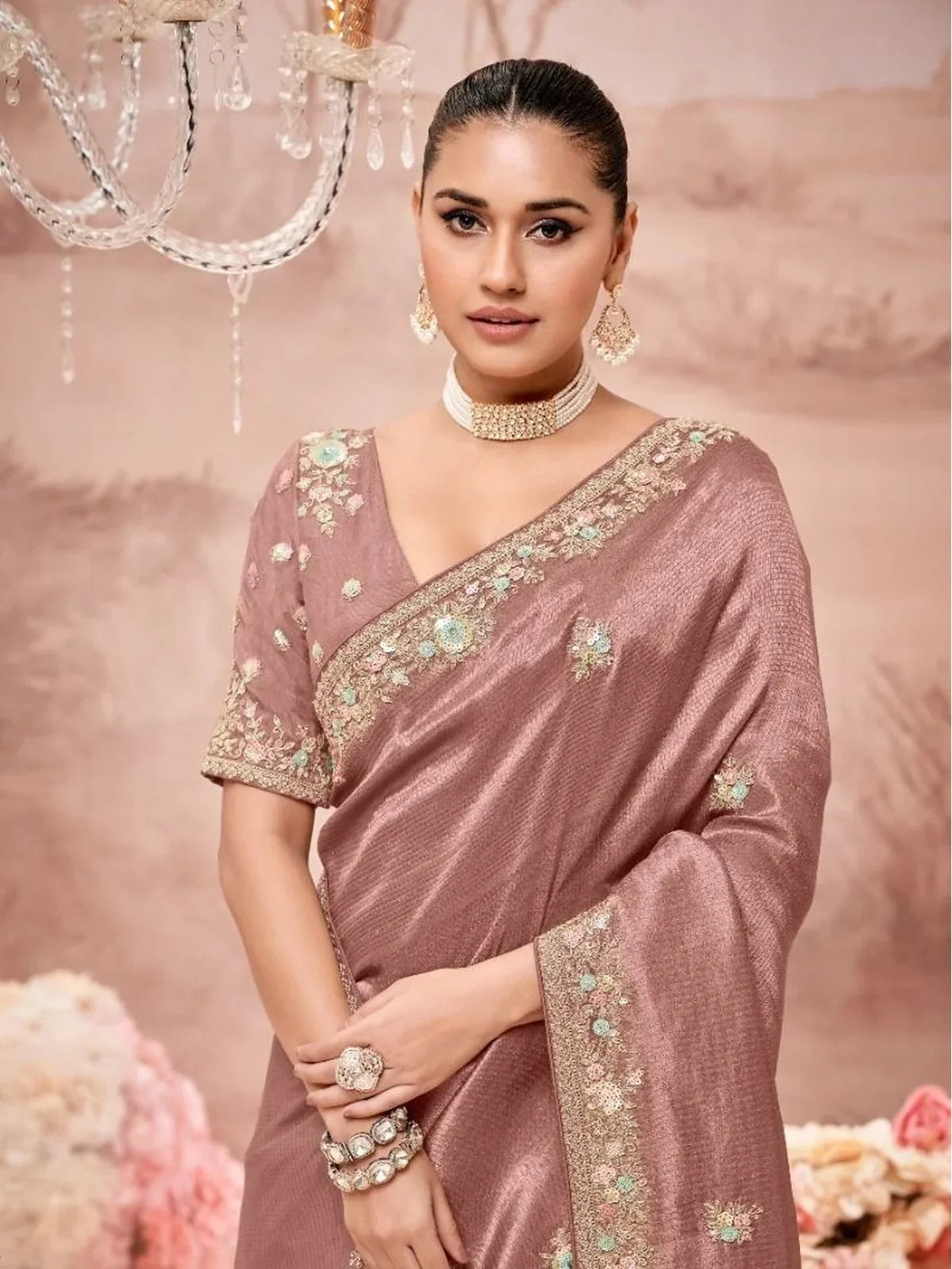 Tarani mauve designer saree with embellished neckline and sleeve work close-up