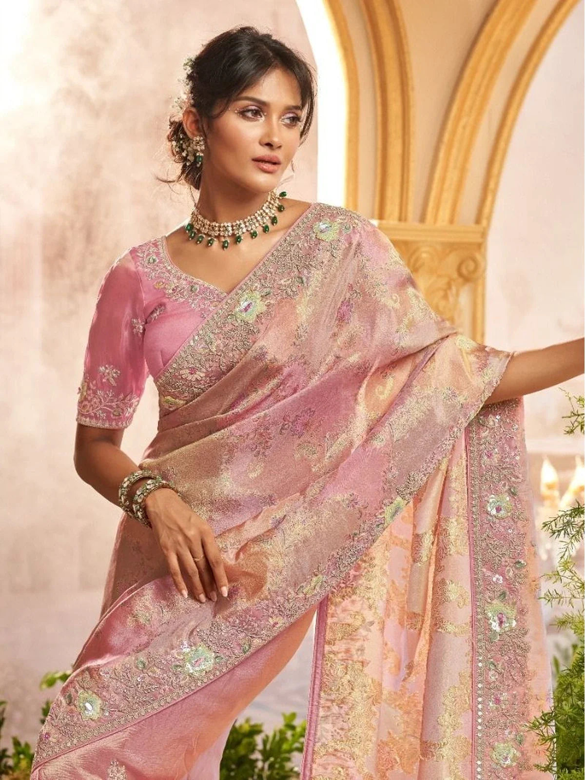 Tarani premium pink designer saree upper body view with embroidered blouse and handworked detailing