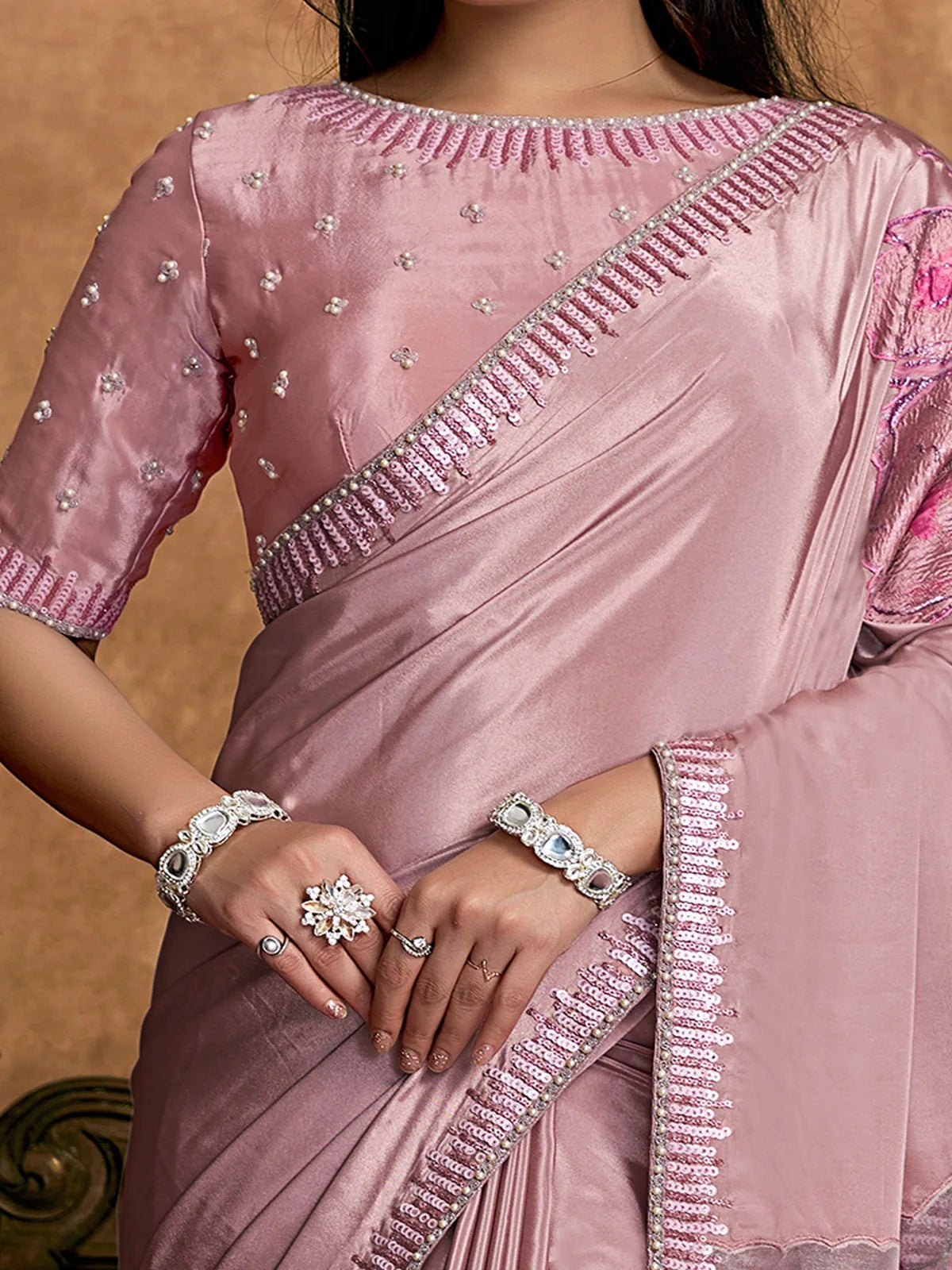 Tarani Shirina blouse view with pearl work and sequin embroidery on pure crepe satin blouse