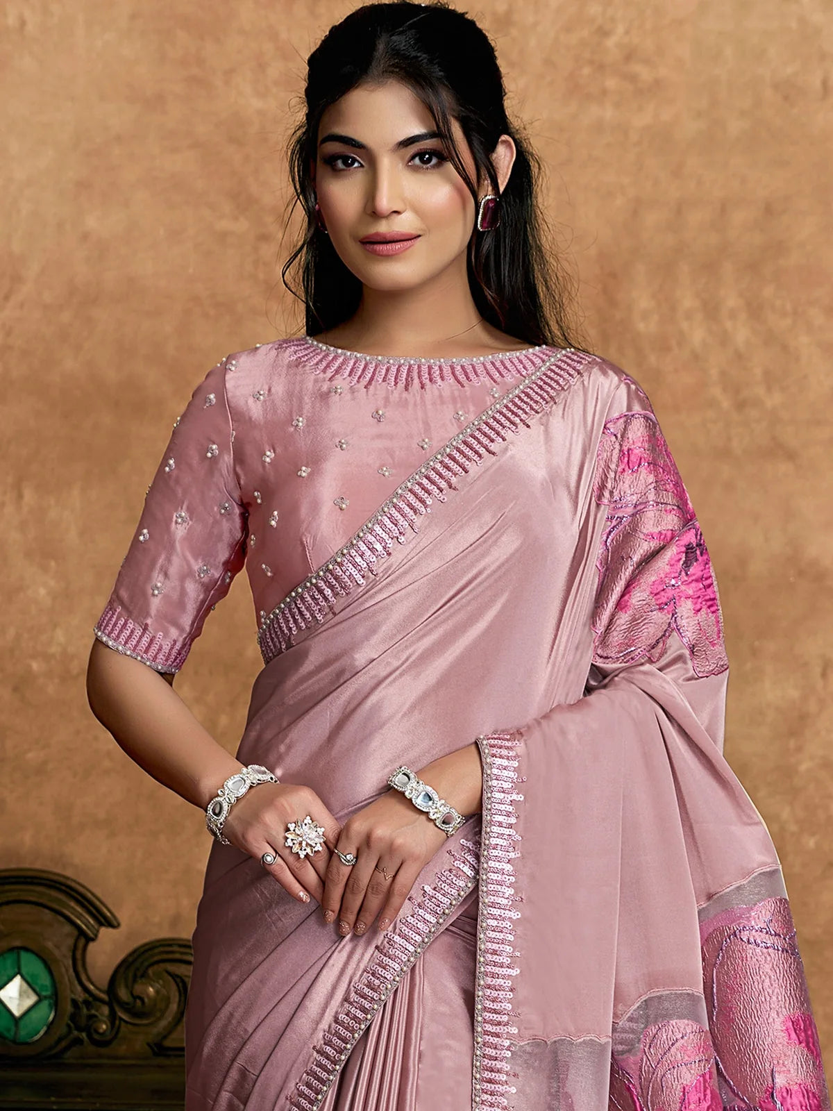 Tarani Shirina dusty pink pure crepe saree front view with floral motifs and elegant drape
