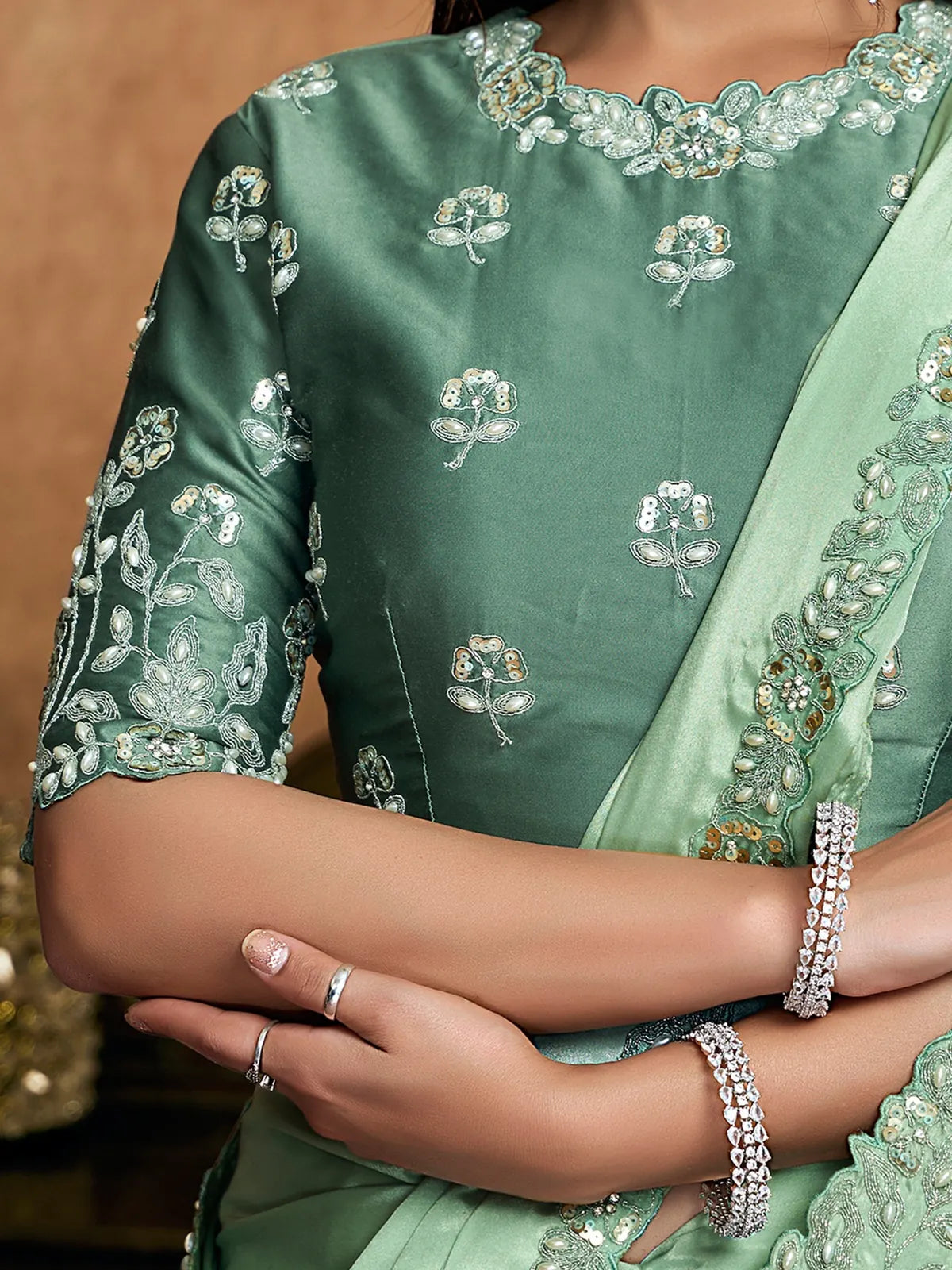 Tarani Durvanka satin silk blouse view with floral embroidery sequin pearl and stone handwork