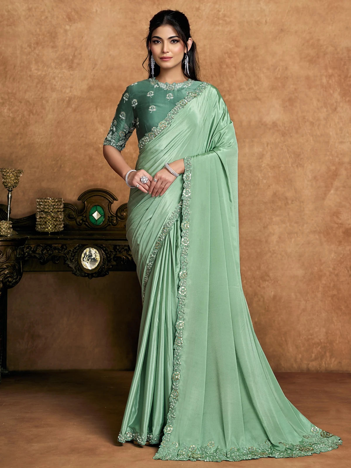 Tarani Durvanka pure crepe satin green saree full view with floral sequin embroidery pearl and stone handwork
