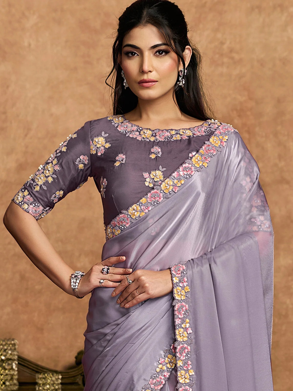 Tarani front view lavender embroidered Pure Crepe Satin saree