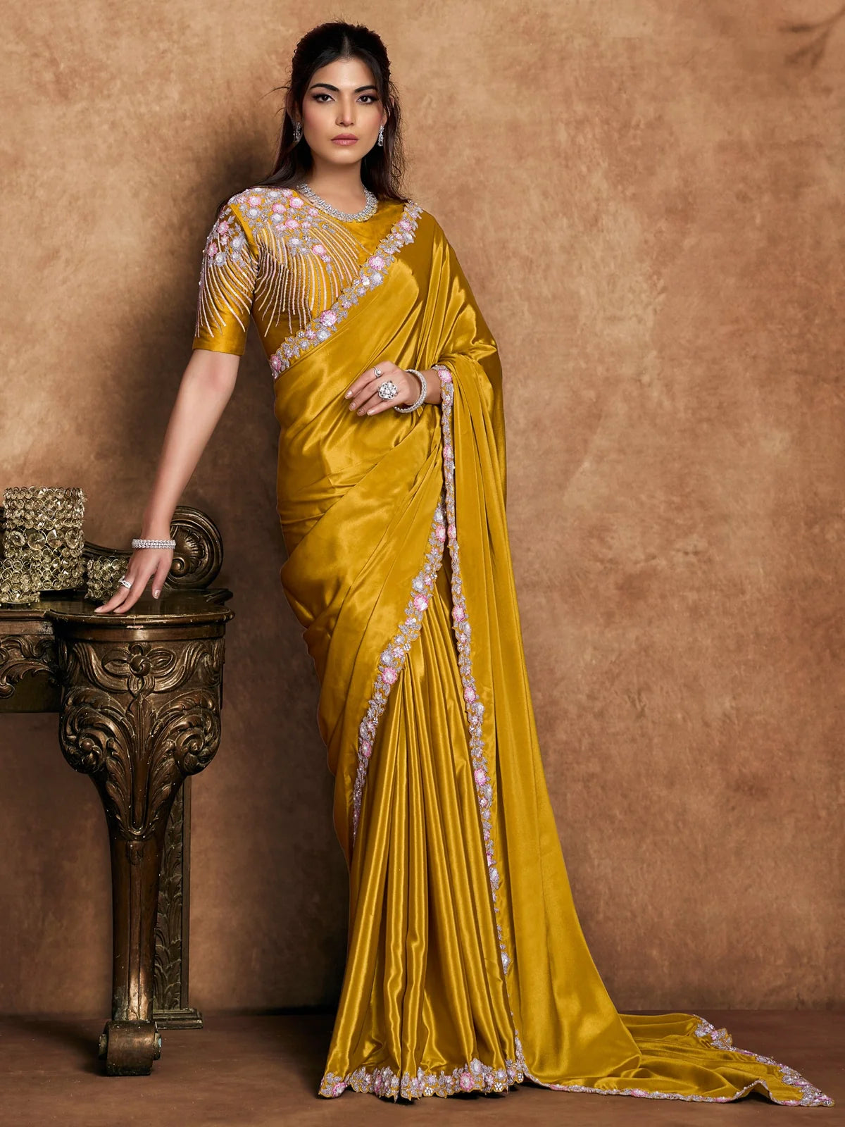 Tarani Samidha mustard Pure Crepe Satin saree full view with floral sequin pearl handwork and unstitched blouse