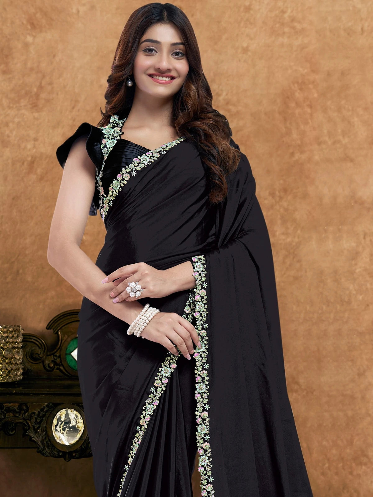 Tarani Urvi black Pure Crepe Silk saree front view elegant party wear drape with handwork border