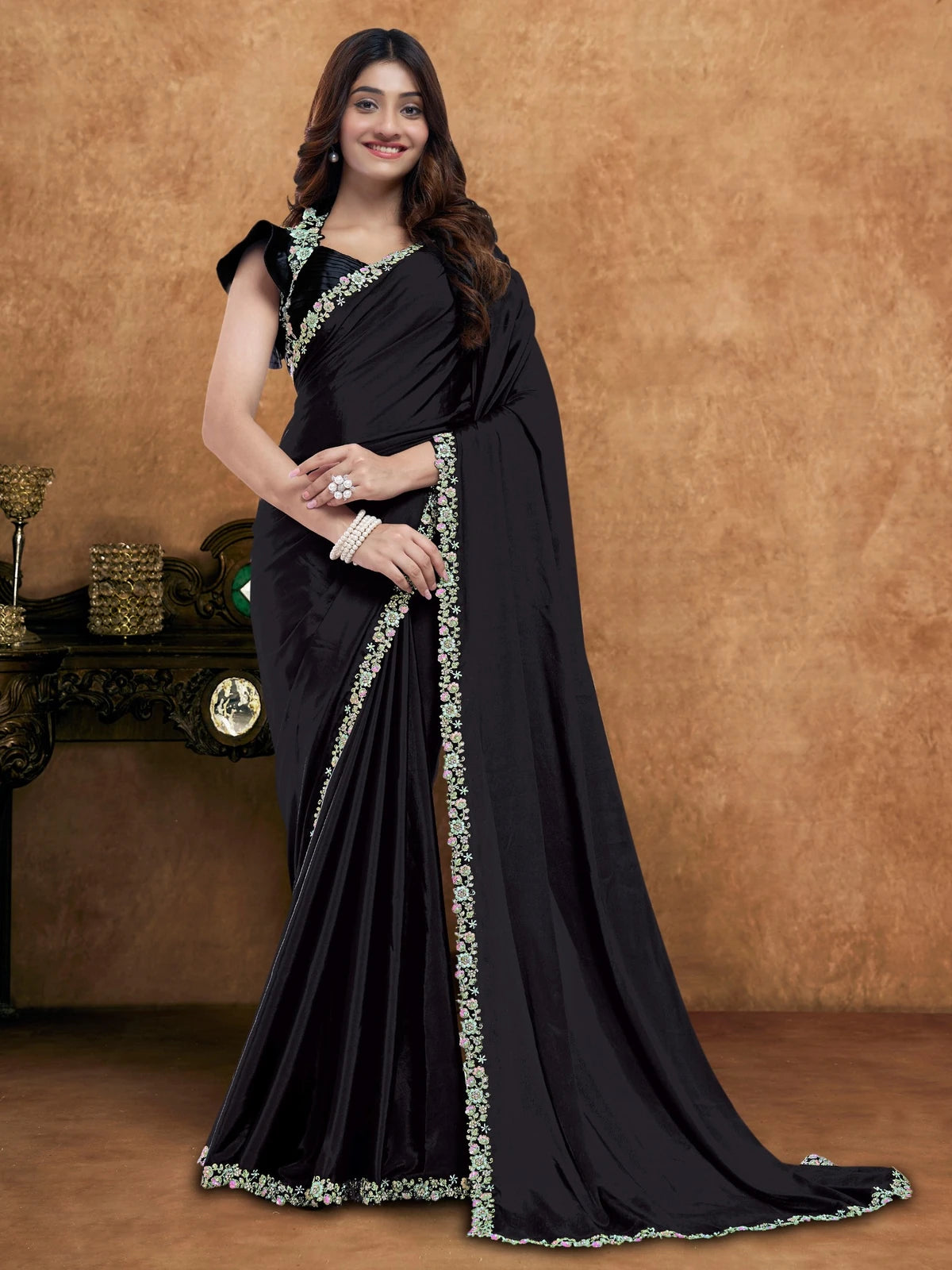 Tarani Urvi black Pure Crepe Silk saree full view with floral diamond handwork border and designer blouse