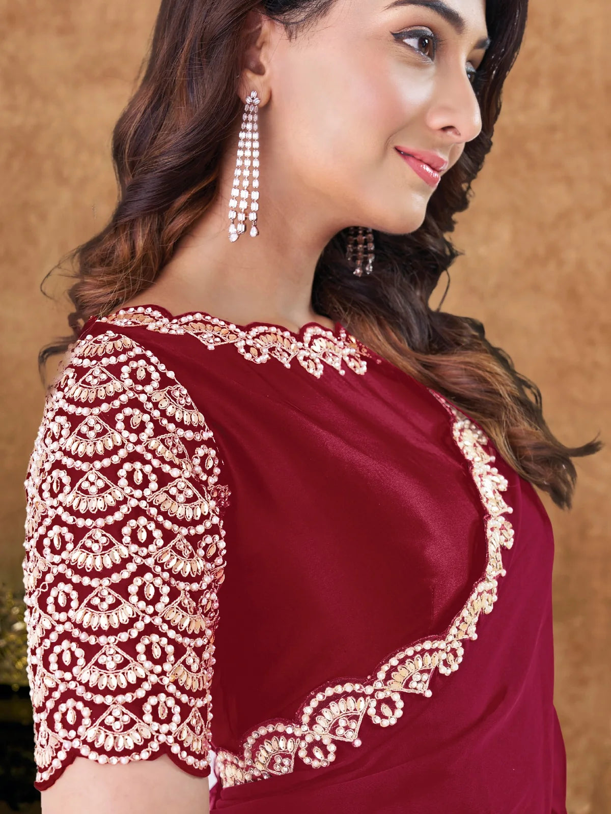 Tarani Mitasha blouse view featuring Moti handwork and scalloped neckline detailing