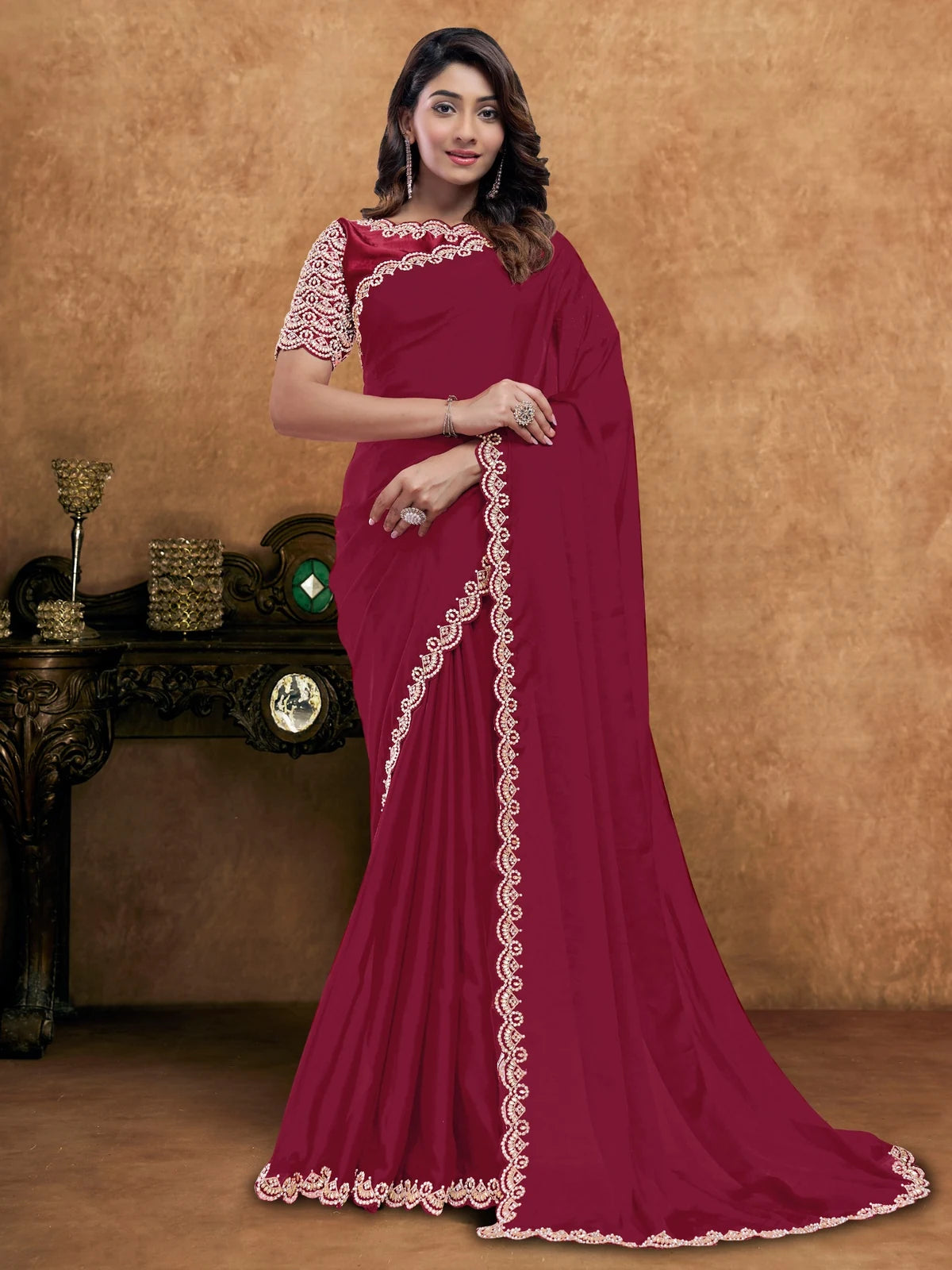 Tarani Mitasha maroon Pure Crepe Silk saree with Moti handwork full view for wedding and festive wear
