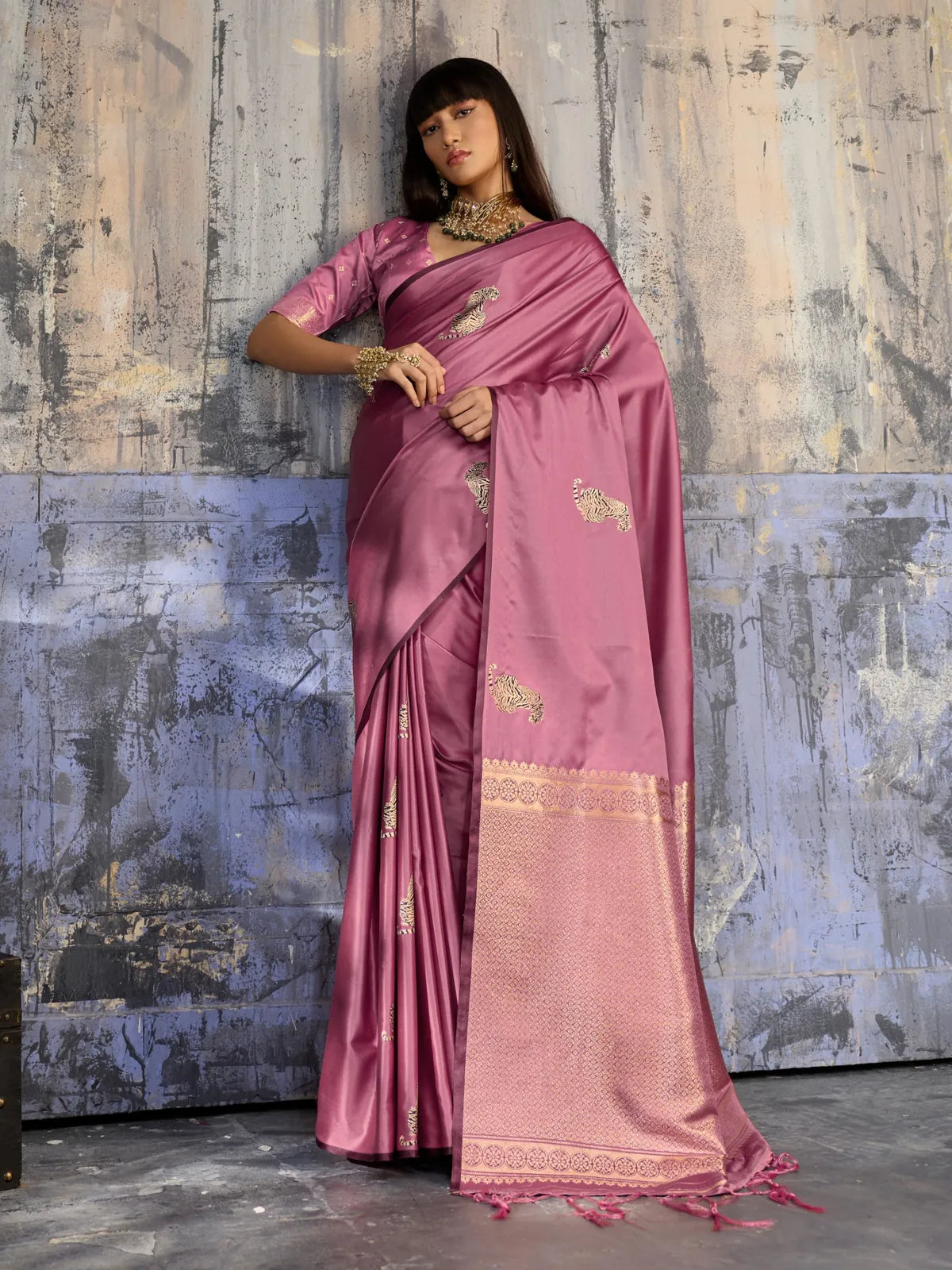 Tarani pink party wear satin saree front pose with rich woven pallu and blouse