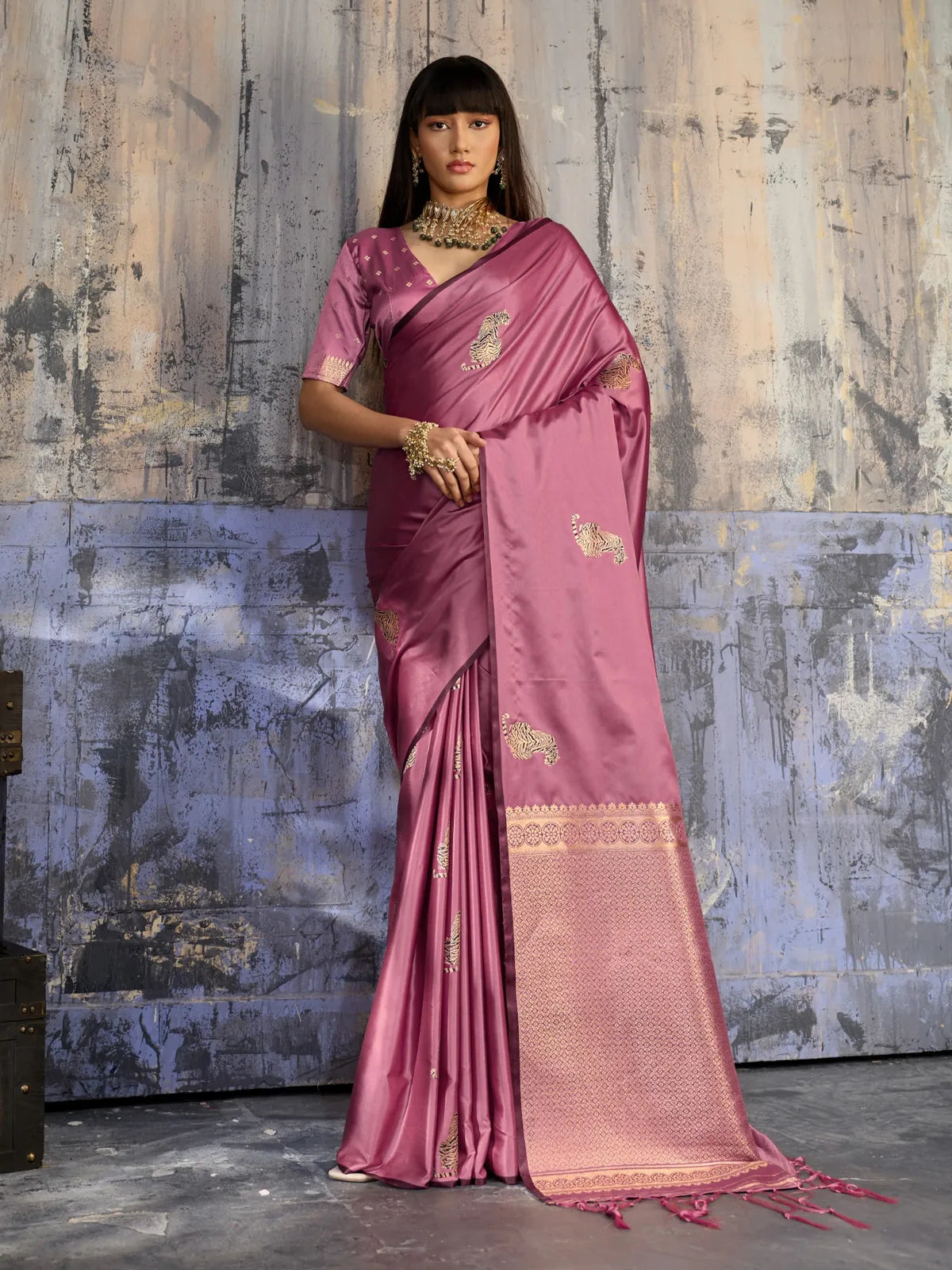 Tarani pink pure satin handloom saree with woven border and blouse for festive party wear