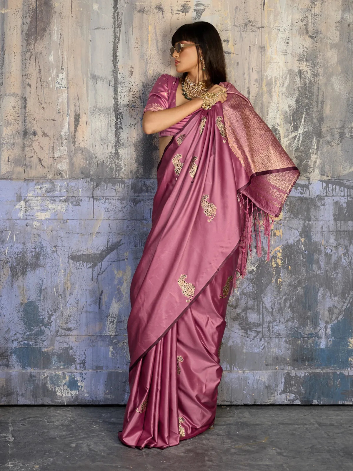 Tarani pink woven satin saree side profile with detailed pallu and blouse styling